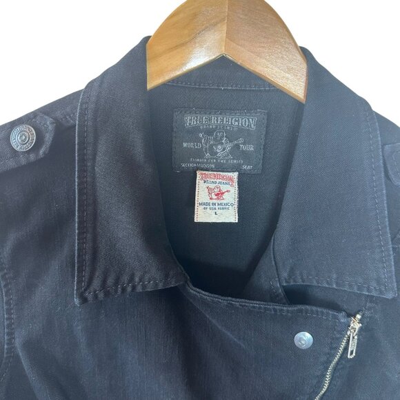 TRUE RELIGION BLACK DENIM MOTO JACKET Size Large Biker - Picture 3 of 7